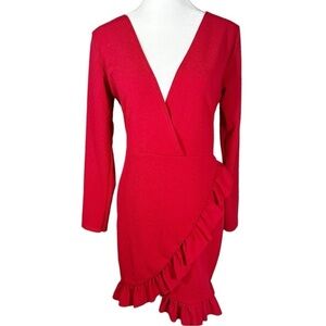 NWT- Pretty Little Thing-Red Ruffle Detail Wrap Dress- Size 10
